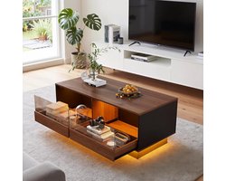Salontafel met LED 100x50x43 cm – moderne woonkamertafel met glasplaat, 2 laden en opbergruimte – hoogglans design koffietafel in bruin – Urbanhome