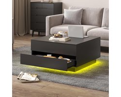 Salontafel met LED-verlichting en opklapbaar tafelblad 78x78x40 cm – Vierkante woonkamertafel met 2 lades, moderne bijzettafel met opbergruimte en afstandsbediening – Zwart – Urbanhome