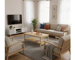 Salontafel met Opbergruimte 2 Lagen – Boho-stijl, MDF & PVC Rotan, Afgeronde Hoeken, 55 x 100 x 45 cm – Duurzaam & Stijlvol – The Industrial Home