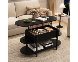 Salontafel met opklapbaar blad en opbergruimte, ovale moderne salontafel met opklapbaar blad, 106x45x50cm, multifunctioneel, in hoogte verstelbaar, met open zijplanken voor woonkamer of kantoor
