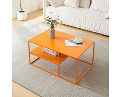 Salontafel Met Plank - Bijzettafel Rechthoekig - Woonkamer Inrichten - Stalen Frame - 45x90x60 cm - Oranje