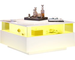 Salontafel - Moderne koffietafel - App-gestuurde LED verlichting - 2 lades en vitrine - 30kg draagkracht - Voor de woonkamer - 70x70x41 cm - Wit
