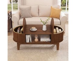 Salontafel Moderne ovale, walnootkleurige salontafel voor de woonkamer, houten salontafel met industriële opbergvakken, salontafel in Scandinavisch design voor de woonkamer, 100x50x50 cm (Walnootkleur)