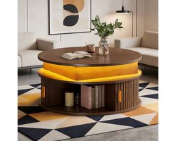 Salontafel - Ø 75 cm - Hoogte Verstelbaar - LED en 2 Roldeuren - MDF - Walnoot