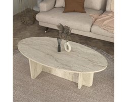 Salontafel Ovaal 120 x 60 x 40 cm – Travertin Look Woonkamertafel in Beige Steenlook, Moderne Koffietafel met Design Paneelpoten voor Woonkamer, Scandinavisch & Japandi – Mobili Bella