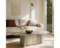 Salontafel ovaal 120x60x40 cm moderne woonkamertafel met geometrisch frame steenlook koffietafel bijzettafel minimalistisch design beige zwart Urbanhome