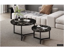 Salontafel 'Ravenna' 2-delig Steen Marmerlook Zwart, Structuur metaal, blad steen marmerenlook