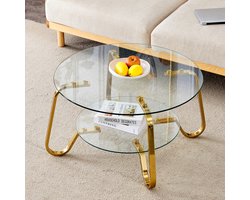 Salontafel ROLIPO - Retro Minimalistische Stijl Metalen Frame Dubbele Laag Geharde Glas- Gouden Kleur - 80x45x89 cm
