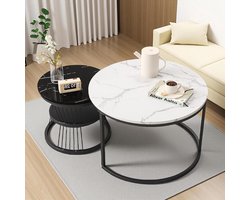 Salontafel rond 2-delige set, bijzettafel set sofatafel met zwart metalen frame en wit marmeren tafelblad, voor woonkamer, slaapkamer, kantoor, balkon (Zwart (b), 70×70×45,5cm)