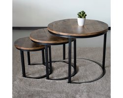 Salontafel rond 3delig mangohout Jaell bruin side table industrieel duurzaam massief hout mango bijzettafel