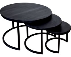 Salontafel rond 3delig mangohout Jaell zwart side table industrieel duurzaam massief hout mango bijzettafel