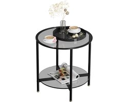 Salontafel Rond - Bijzettafel Glas - Woonkamer Decoratie - Twee Glazen Planken - 50 cm Diameter - Zwart