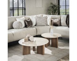 Salontafel Rond Set van 2 - Bijzettafeltjes Woonkamer - Bijzettafels Rond Hout - Antieke Ronde Tafelset - Salontafel Industrieel Hout - Decoratie Salontafel - Salon Tafel Industrieel & Landelijk - Grote & Kleine Tafel