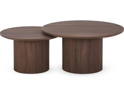 Salontafel rond set van 2 ESME - Donkere walnootkleur - Geribbeld design