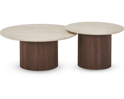 Salontafel rond set van 2 ESME - Tafelblad travertijnlook beige - Poten in donkere walnootkleur - Geribbeld desgin