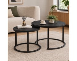 Salontafel Rond Set van 2 – Zwart Houtlook – Ø70 en Ø50 cm – Industrieel