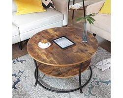 Salontafel rond, Woonkamertafel,Sofatafel met plank, Gemakkelijke montage, Metaal, Industrieel ontwerp, vintage bruin-zwart