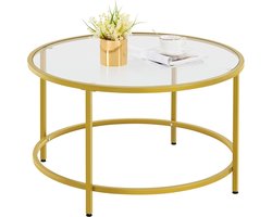 Salontafel, ronde koffietafel met verstelbare beschermpoten, bijzettafel, woonkamertafel van gehard glas en metalen frame, moderne glazen tafel voor woonkamer/balkon, 80 × 80 × 45 cm, mosterdgeel