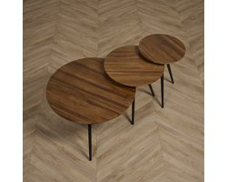 Salontafel Saint Flour - Set 3 Stuks - Teakhout - Bruin - 70x30x70 / 50x34x50 / 40x38x40 cm (BxHxD) - Gerecycled Hout - Zwarte Poten