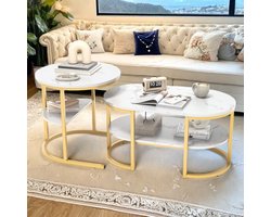 Salontafel set 2-delig – Marmerlook wit met goud frame – Moderne koffietafel/bijzettafel voor woonkamer