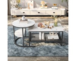 Salontafel set 2-delig – ronde en rechthoekige bijzettafel, wit blad met metalen frame