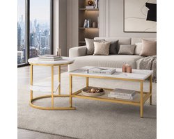 Salontafel Set 2-delig – Wit Marmerlook met Goudkleurig Frame en Opbergruimte