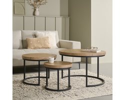 Salontafel (set 3 Stuks) Hoenderloo - Lamulux / Metaal - Naturel / Zwart - 75x51x75 cm (BxHxD) - Eiken Houtlook