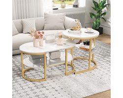 Salontafel Set - Bijzettafel Nesttafel - Woonkamer Meubel - Marmer Patroon Frame - 2 Stuks - Goud Wit