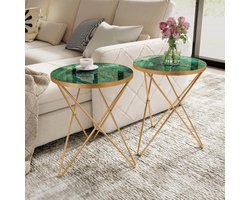 Salontafel Set - Bijzettafel Rond - Woonkamer Decoratie - Krasbestendig Glasblad - 40x40 cm - Groen Goud