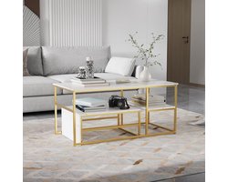 Salontafel Set - Bijzettafels Koffietafel - Woonkamer Inrichten - Moderne Marmer Look - 105x52x48.5 cm - Goud Wit