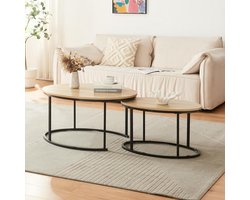 Salontafel set - Bijzettafels ovaal - Woonkamer inrichten - Stapelbaar in 2 maten - 90x60x45 cm - Zwart eikenkleurig