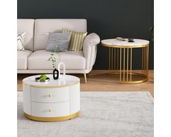 Salontafel Set - Bijzettafels Rond - Woonkamer Meubels - Set van Twee - 60cm Diameter - Wit Zwart