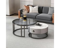 Salontafel Set - Bijzettafels Stapelbaar - Woonkamer Decoratie - Gehard Glas & Steen - 70x45cm & 50x40cm - Grijs Rond