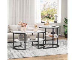 Salontafel Set - Bijzettafels - Woonkamer Inrichten - Flexibel 2-in-1 Design - Rond en Ovaal - Wit Zwart