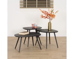 Salontafel Set Comporta - Tekhout/Metaal - Zwart - 61x35x51 / 54x39x44 / 49x43x41 cm - Gerecycled Hout - Organisch