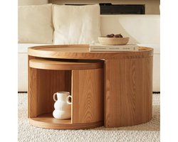 Salontafel Set Rond 80x80x44 cm + 46x46x38 cm – Set van 2 Ronde Tafels met Opbergruimte, Houten Woonkamertafel en Bijzettafel, Ruimtebesparend Design – Naturel Houtlook – Bella