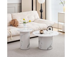 Salontafel Set Rond Marmerlook – HomeByNicole Luxe 2-Delige Bijzettafel van Hout – Moderne Koffietafel met Romeinse Zuilbasis – Stapelbaar, Ruimtebesparend & Stijlvol – Voor Woonkamer, Balkon of Slaapkamer