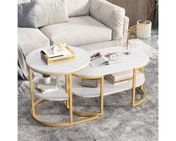 Salontafel Set - Tafel Duo - Woonkamer Meubel - Met Opbergruimte - 52cm & 80cm - Wit Goud