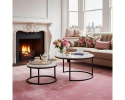 Salontafel Set van 2 - ADFBL - Nesting Tafels Rond Wit Marmerlook - 2-delige Koffietafel Set Zwart Metaal - Ruimtebesparend Inschuifbaar - Moderne Industriële Woonkamertafels