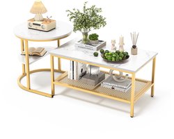 Salontafel, set van 2, bijzettafel, marmerlook met metalen frame en plank(gouden rechthoek)