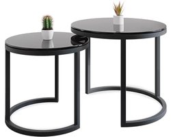 Salontafel set van 2 - Bijzettafel rond - Nesting tafels woonkamer - Massief eikenhouten blad 20 mm - Stalen onderstel zwart - Moderne industriële stijl - Ronde koffietafels - Ø50x43 cm en Ø40x38 cm