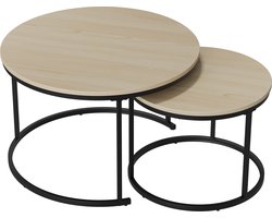 Salontafel Set van 2 – Bijzettafels / Nesttafels - Rond – 70x70x45 & 50x50x40 cm – Moderne Bijzettafels - Geschikt voor de woonkamer, slaapkamer en het balkon - Licht Eiken Hout
