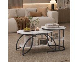 Salontafel set van 2 - en Metaal - Bijzettafel met 4 Niveaus - Voor Woonkamer, Slaapkamer - 80/52cm - Zwart Metalen Frame - Wit Marmer - Industrieel Design