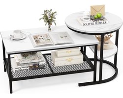 Salontafel set van 2 met marmerlook en metalen frame - veelzijdige koffietafel voor woonkamer en slaapkamer