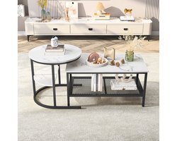 Salontafel Set van 2 – Moderne Koffietafels in Zwart, 1 Ronde & 1 Rechthoekige Tafel, Stijlvolle Woonkamer Tafels met Metalen Frame