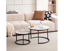 Salontafel Set van 2 Rond 80 x 80 cm – Marmeren Salontafels met Pandora-bk Marmeren Blad & Zwart Metalen Frame – Moderne Stapelbare Bijzettafels voor Woonkamer & Balkon – Pauwhome