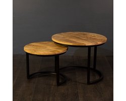Salontafel Set van 2 Rond – Mangohout – Industrieel – 55cm x 55cm x 40 cm
