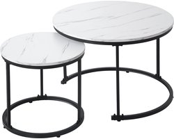 Salontafel Set Van 2-Ronde Bijzettafel Set-Ruimtebesparend-Stapelbaar-50 kg Draagkracht – Woonkamer Interieur – 70,5x50 cm-Wit Marmer