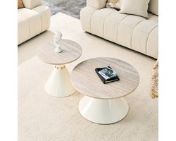 Salontafel set van 2 - Ruimtebesparend - Travertin look tafelblad - Woonkamer - Houtkleur