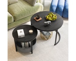 salontafel, set van 2 stuks sofa salontafels industriële stijl, geneste bijzettafels van metaal en hout, vintage salontafels, metalen bijzettafelset met opbergtas van zwarte stof